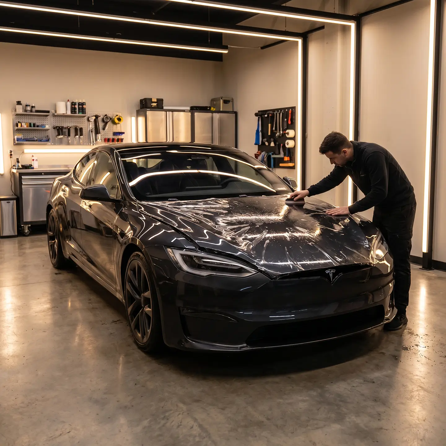 Stay Cool Tinting certified installer applying paint protection film.