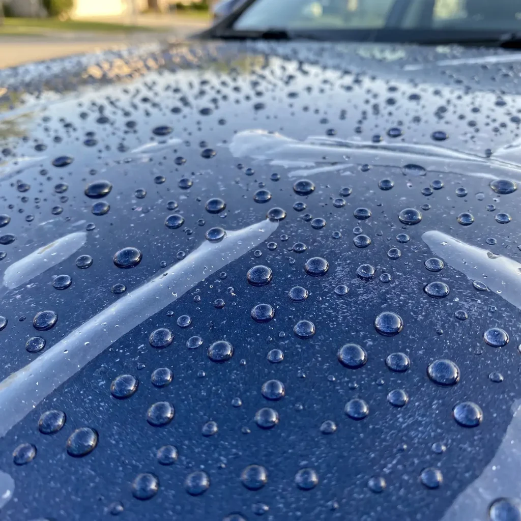 Close-up of water beading on clear paint protection film protecting a blue vehicle's paint in Calgary.